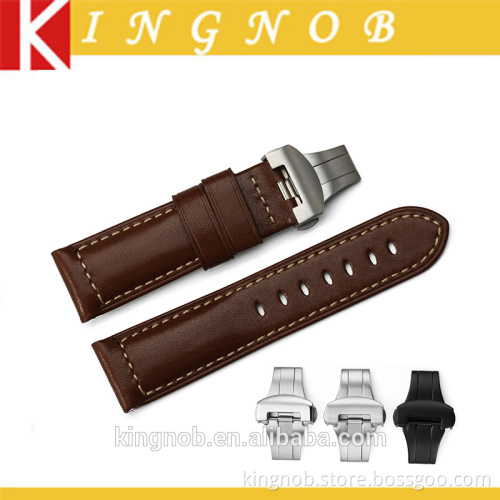24mm Stainless Steel Deployment Clasp Handmade Calf Skin leather Watch Band